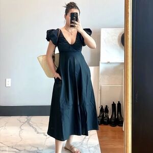 Abercrombie puff sleeve plunge midi dress black sz LT NWT